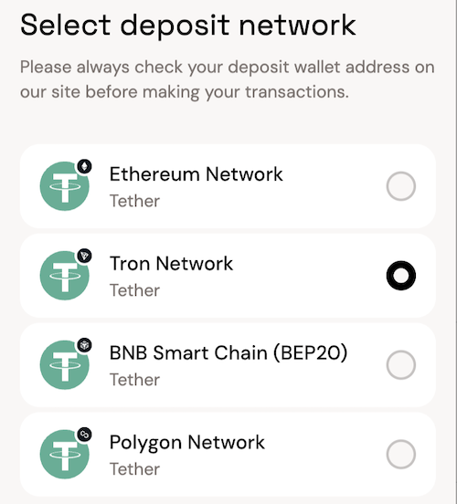 selecting tether network, ethereum, tron, bnb, and polygon networks available