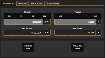 This is the Dice game at CryptoGames. Graphically the classic Bitcoin dice games aren't special. The gameplay however is fast and provably fair, and the house edge is low.