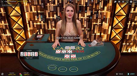 There is a very good selection of live casino games at King Billy. This is Casino Hold'em from Evolution Gaming.