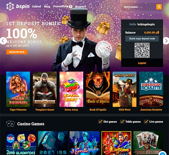 Bspin.io casino front page.