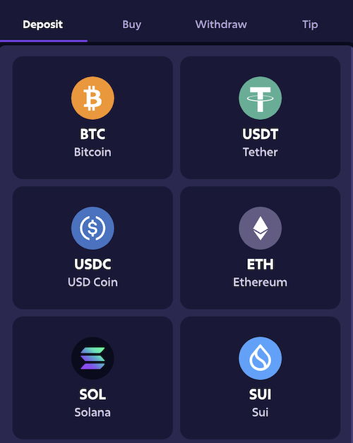 crypto deposits with btc, usdt, usdc, eth, sol, and sui
