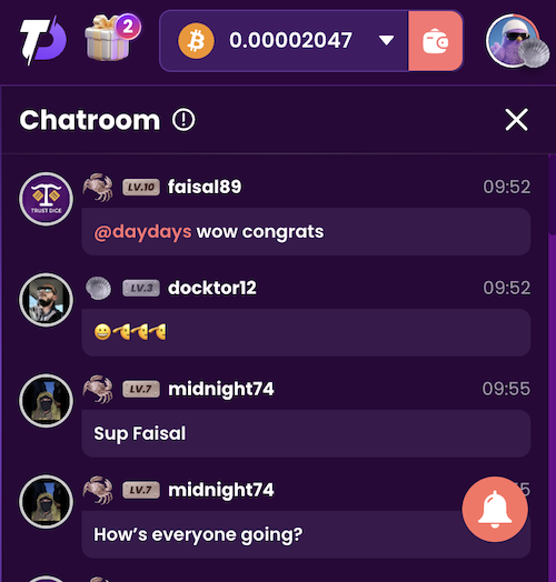 social chat feature at trustdice casino