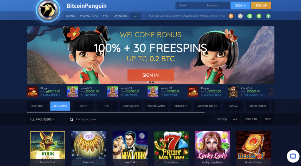 bitcoinpenguin crypto casino homepage