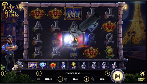 The Cop’s flashlight pops up in the game Return to Paris by Betsoft