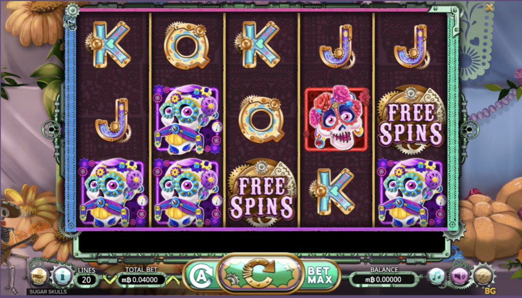 This is a Halloween-themed Bitcoin Cash slot game called Sugar Skulls. The game provider is Booming Games and this slot can be played at for example CryptoWild Casino