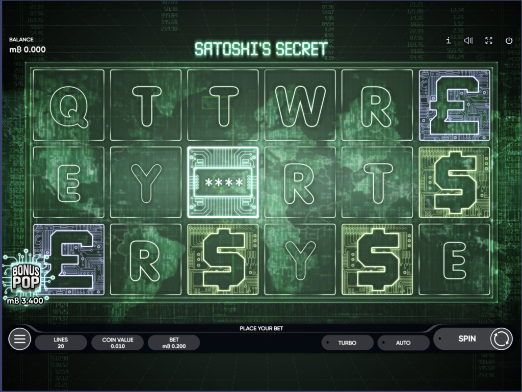 Satoshi's Secret is a modern Bitcoin slot game with 6 spinning reels. You can play this slot game at BetChain for example