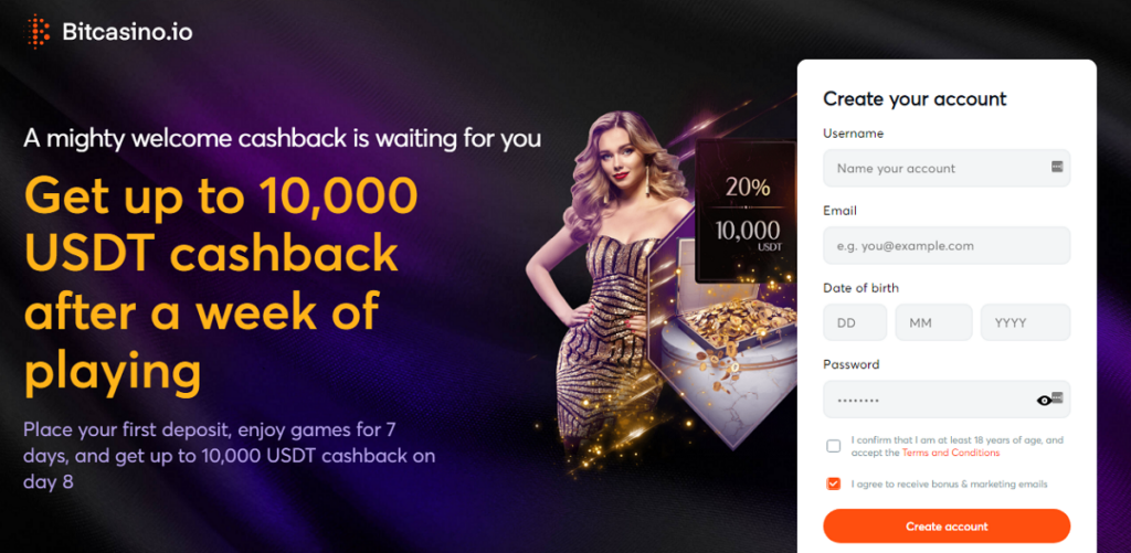 20% cashback welcome bonus at Bitcasino.io
