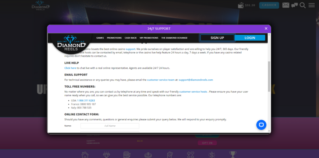 Diamond Reels Casino Customer Support
