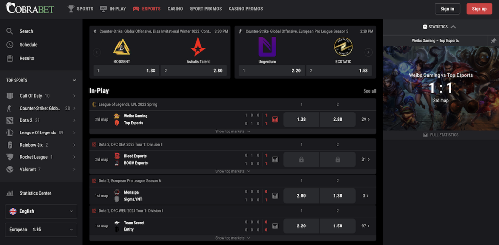 cobrabet sportsbetting site esports