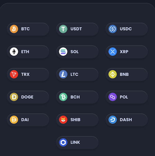 cryptocurrencies accpeted at jack.com, btc, usdt, usdc, eth, sol, xrp, trx, ltc, bnb, doge, bch, pol, dai, shib, dash, link