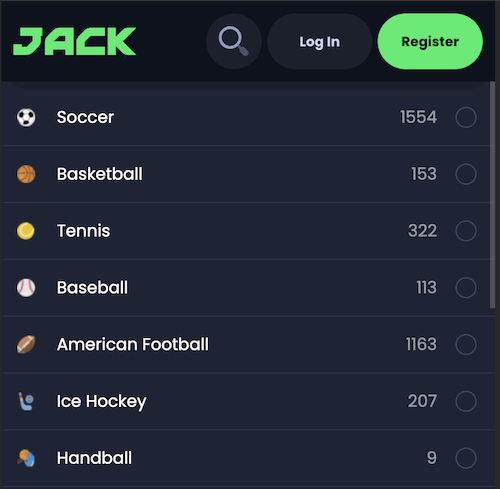 sports you can bet on at jack.com, soccer, basketball, tennis, baseball, american football, ice hockey, handball