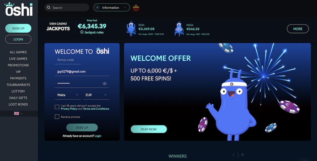 oshi casino updated home page 2023