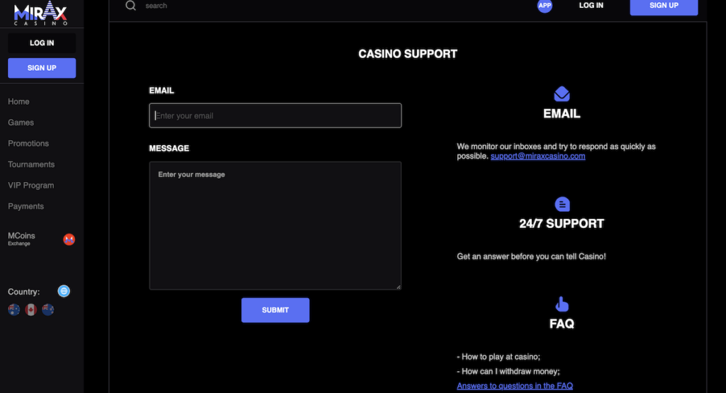 customer support at mirax casino
