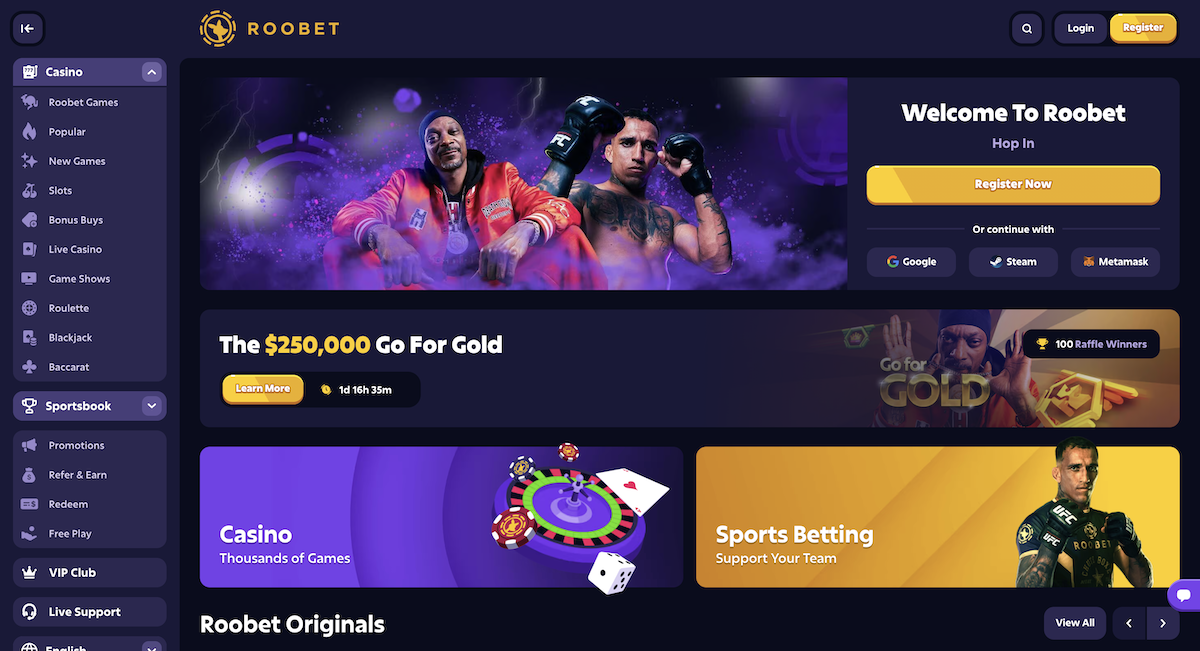 Strona główna RooBet casino z września 2024, pokazująca interfejs i opcje bonusowe