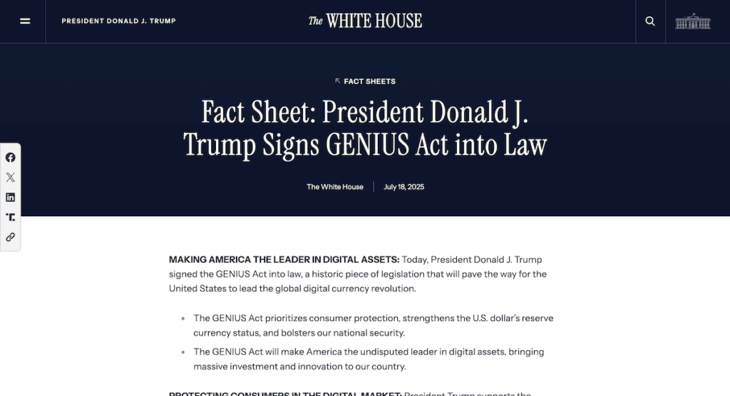 white house website explaining the GENIUS Act
