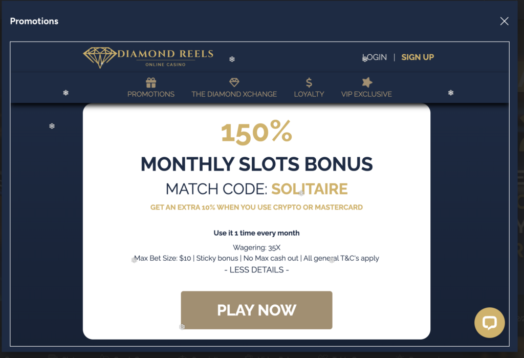 Diamond Reels 150% Monthly Slots Bonus