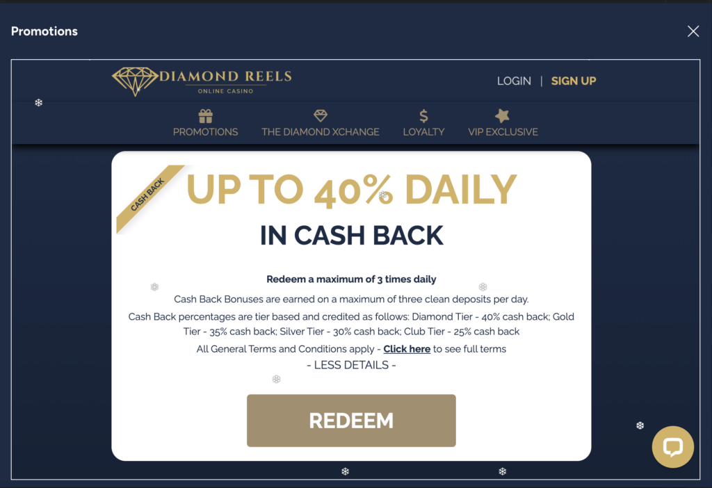 Diamond Reels 40% Cashback Bonus