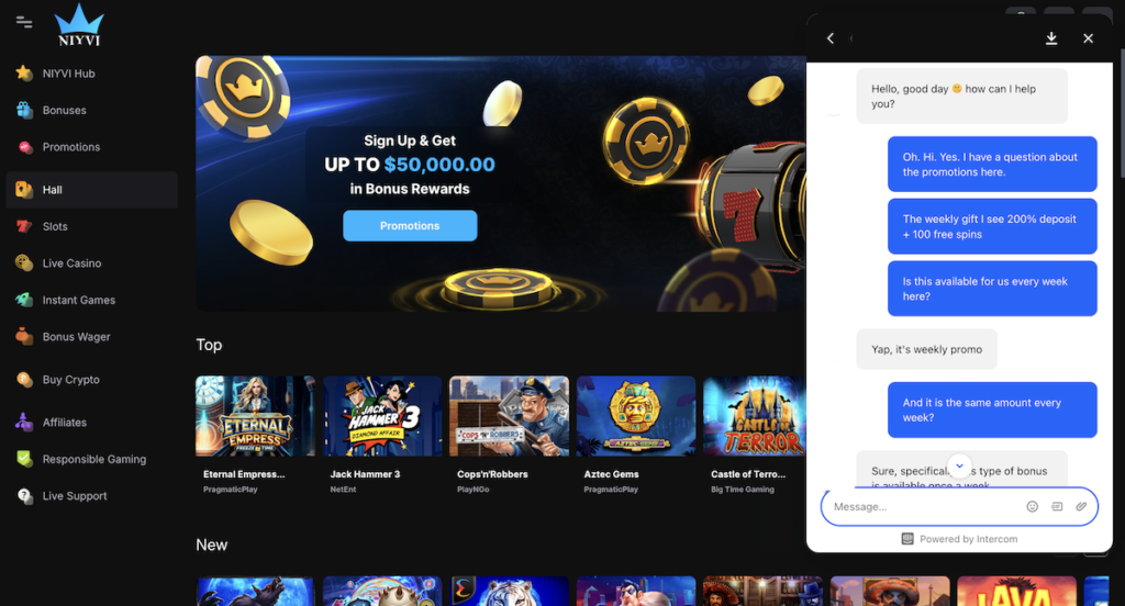 live chat support at niyvi casino
