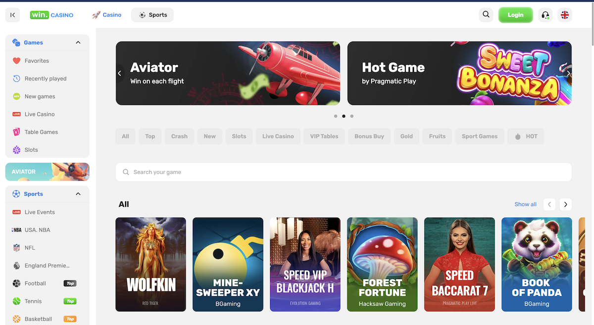 WinCasino Main Lobby