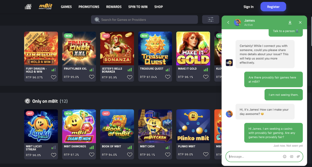 chat support for mbit casino review