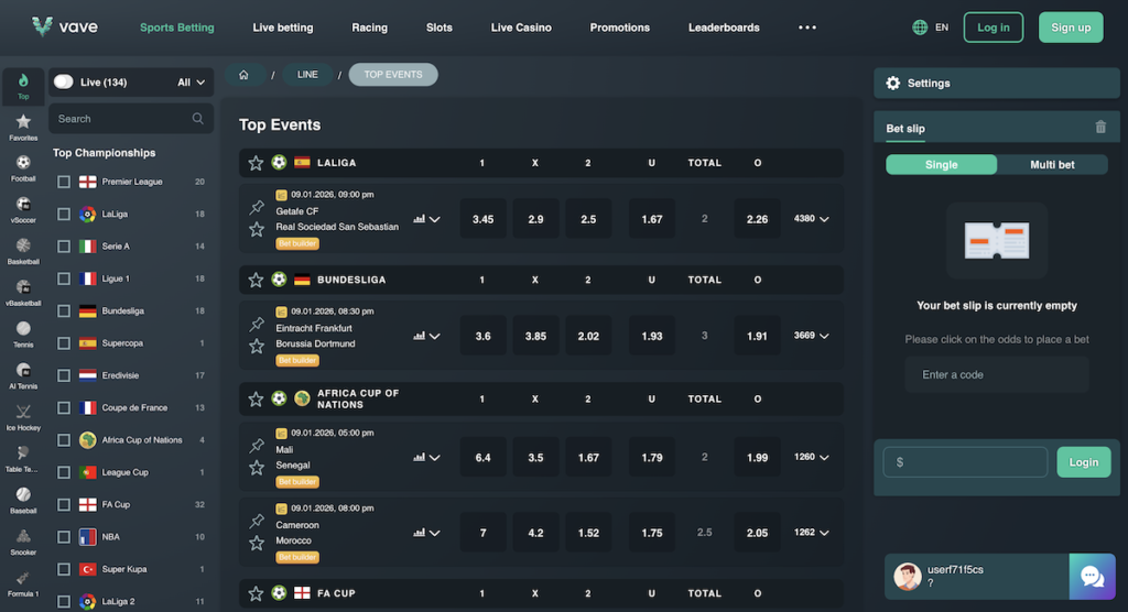 sports betting at vave