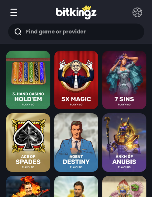bitkingz play'n go lobby with 3-hand casino hold'em, 5x magic, 7 sins and aztec idols