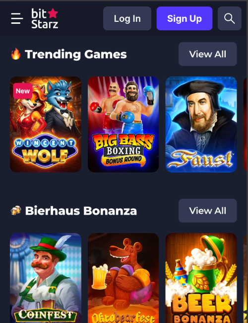 BitStarz mobile lobby showing trending games and a seasonal slot row
