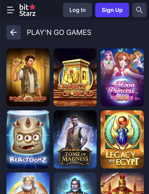 bitstarz play'n go games page with book of dead, legacy of dead and moon princess 100