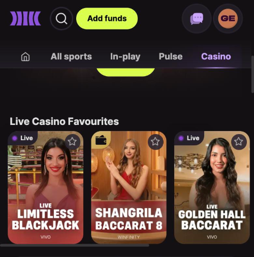 cloudbet mobile casino lobby showing the live casino favourites rail