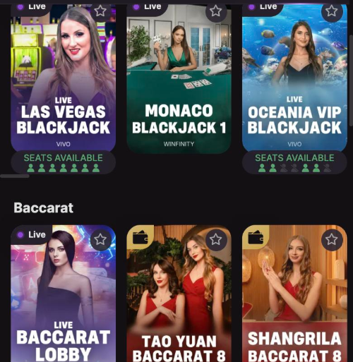 cloudbet live casino rails for blackjack, baccarat and roulette with seats available indicators