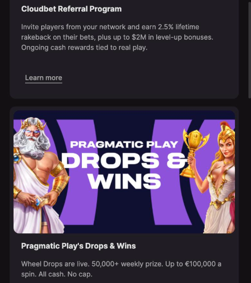cloudbet ongoing promotions listing the referral program and pragmatic play drops and wins