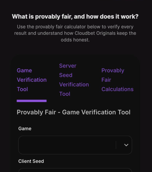 cloudbet provably fair game verification tool with client seed and server seed fields