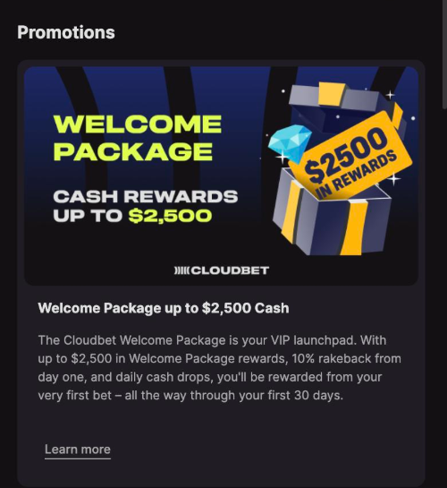 cloudbet promotions page showing the welcome package up to 2500 dollars cash with 10 percent rakeback