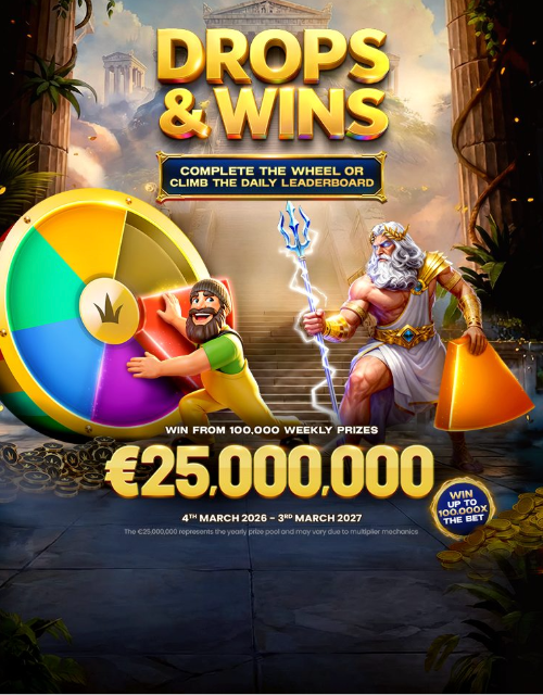 pragmatic play drops and wins banner with a 25,000,000 euro prize pool from 4 march 2026 to 3 march 2027