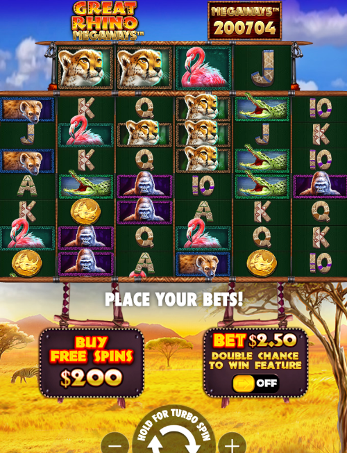 great rhino megaways mobile demo showing 200704 ways with safari animal symbols and the buy free spins button