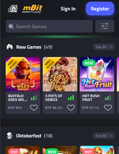 mBit mobile lobby showing new games and a seasonal slot row