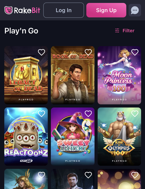 rakebit play'n go lobby with legacy of dead, book of dead, moon princess 100 and reactoonz