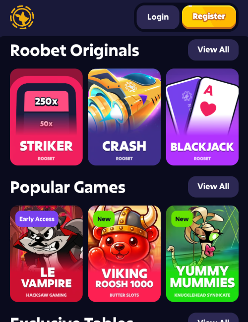 Roobet mobile lobby showing Roobet originals and popular games