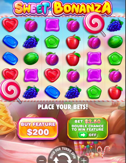 sweet bonanza mobile demo with lollipop scatters on the candy grid and the buy feature button