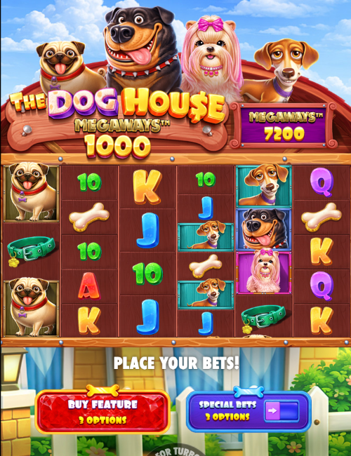the dog house megaways 1000 mobile demo with the dog pack above the grid and the buy feature button