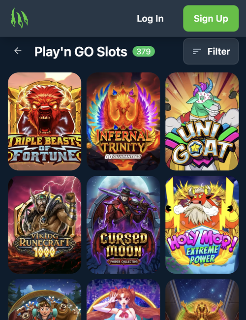 wild.io play'n go slots lobby showing 379 games, including infernal trinity and viking runecraft 1000