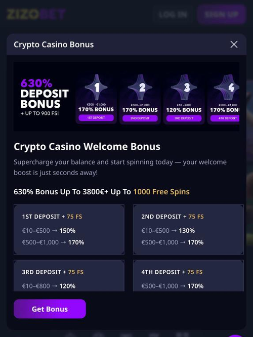zizobet crypto casino welcome bonus 630% up to 3800 euro with 75 free spins on each of four deposits
