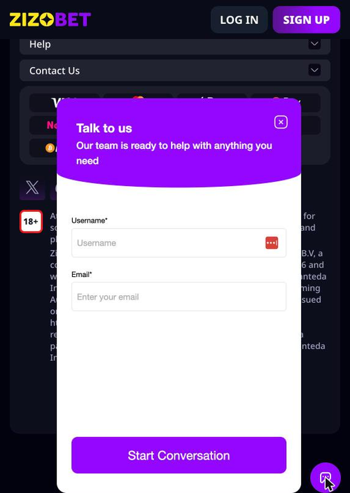 zizobet live chat asking for a username and email address before starting a conversation