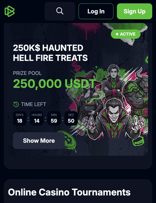 bets.io tournaments page showing 250k haunted hell fire treats with a 250,000 usdt prize pool