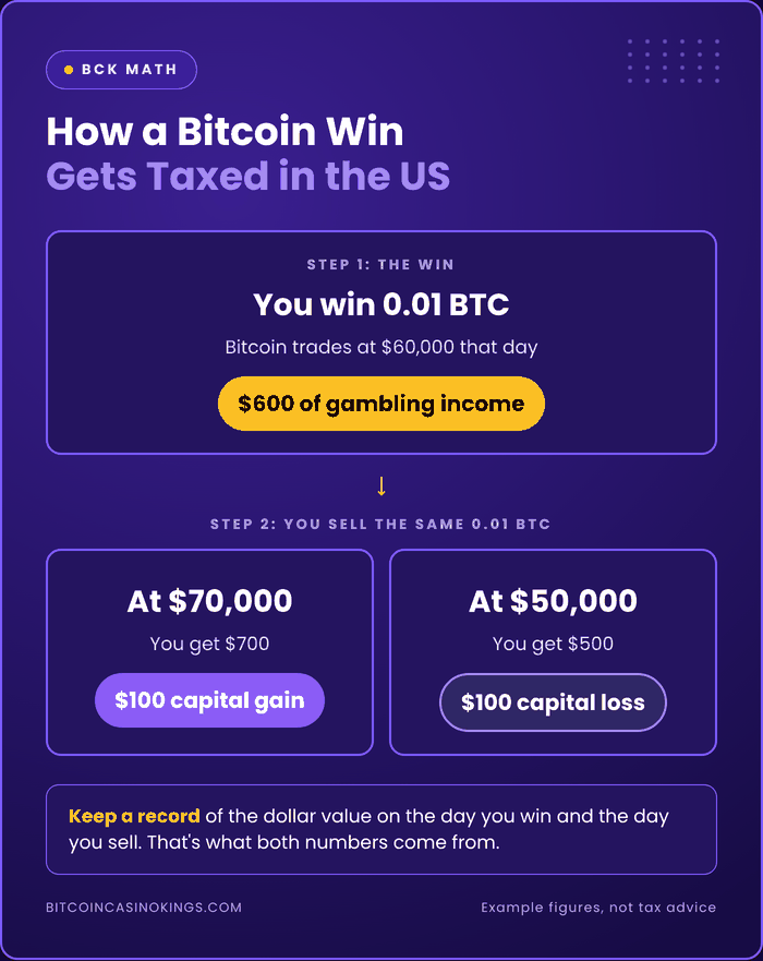 worked example of a 0.01 BTC win taxed as $600 of income, then a $100 gain or loss when sold