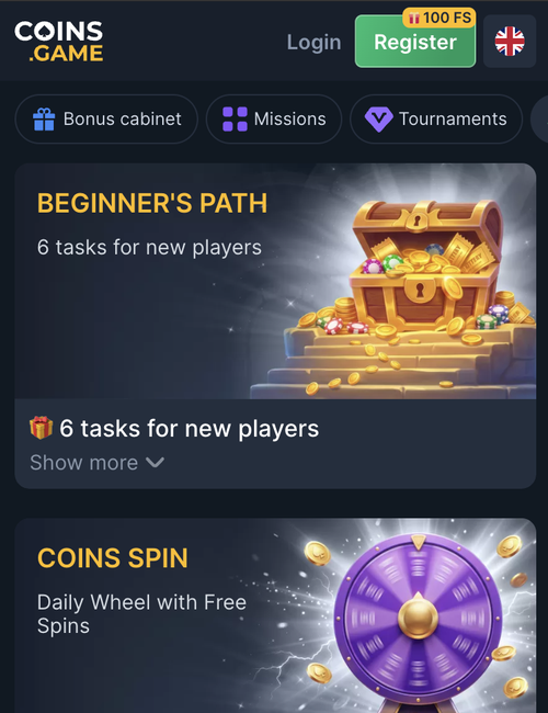 coins.game beginner's path with 6 tasks for new players and the coins spin daily wheel