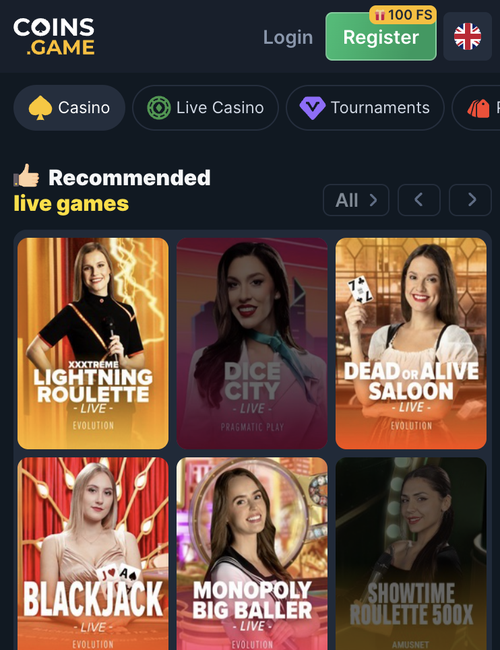 coins.game recommended live games including lightning roulette, blackjack and monopoly big baller
