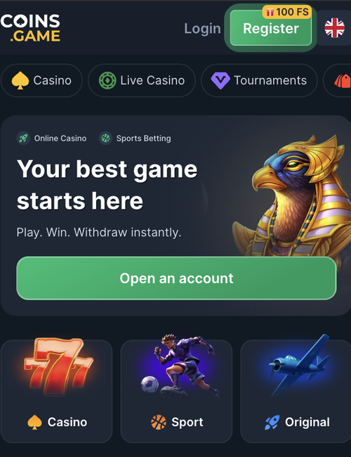 coins.game mobile lobby with casino, sport and original game tiles