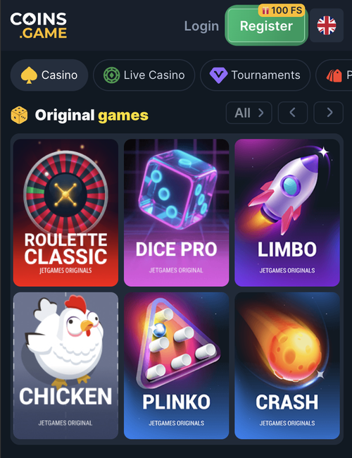 coins.game original games including roulette classic, dice pro, limbo, chicken, plinko and crash