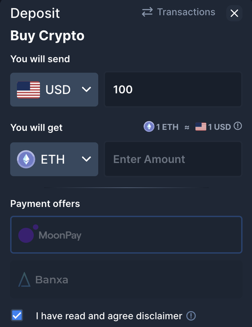 coins.game buy crypto screen with moonpay and banxa payment offers